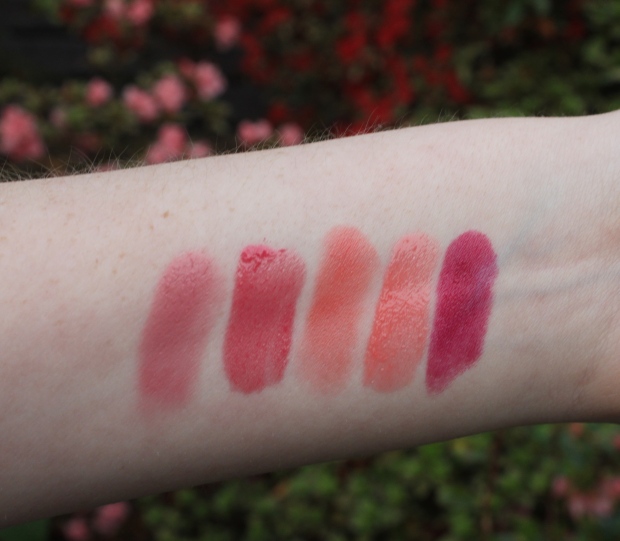 From L to R - Maybelline Color Whisper in Lust For Blush, Maybelline Color Sensational Lip Gloss in One Shine Day, Revlon Super Lustrous Lipstick in Lovers Coral, Maybelline Color Sensational Shine Gloss in Glorious Grapefruit, Revlon Lip Butter in Raspberry Pie 